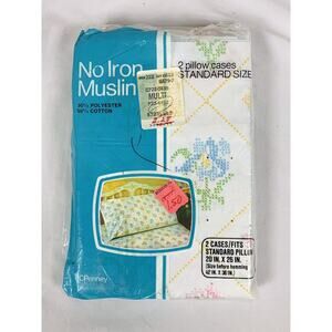 Vtg JC Penney Floral Cross Stitch Standard Pillow Case Set No Iron Muslin NEW